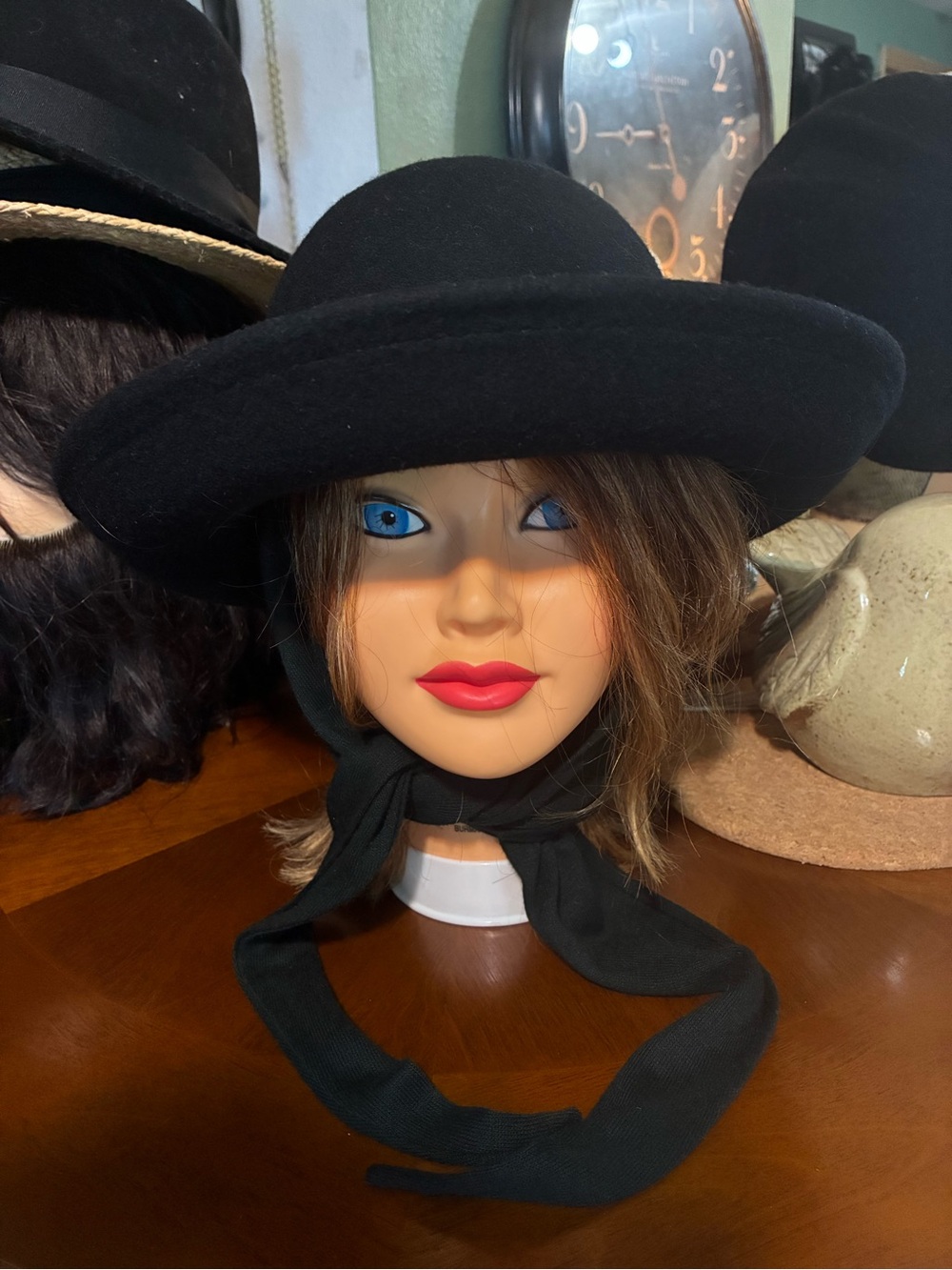 Black Women's Wide-Brim Wool Hat with attached scarf by Betmar-stunning!